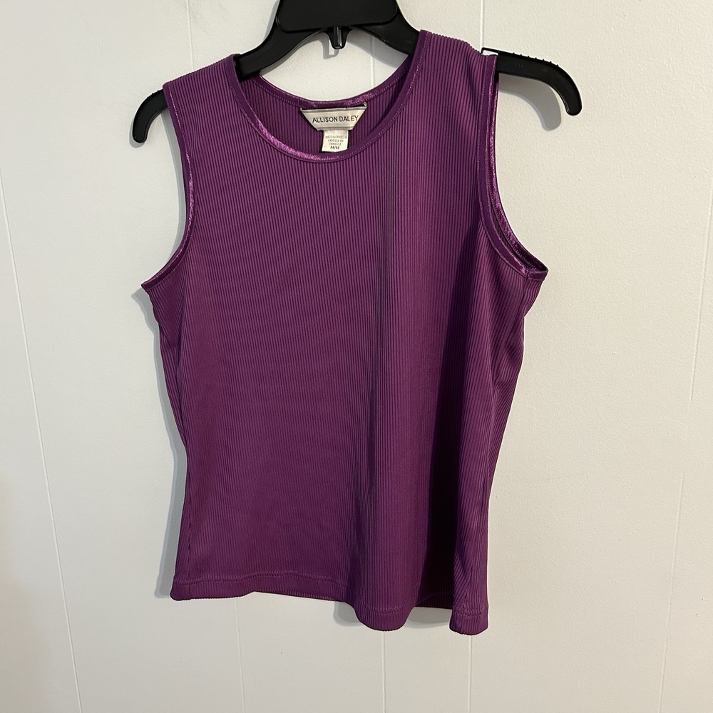 Allison Daley Womens Purple Ribbed Knit Tank Top Sleeveless Satin Trim Medium